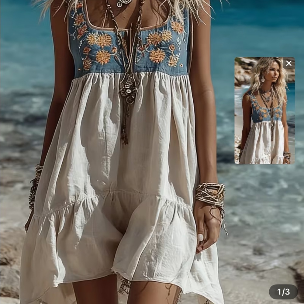 Bohemian Women's Midi Dress in Cream - Lightweight Summer Style